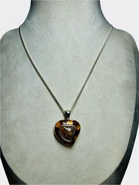 Alan K Silver Heart Pendant Necklace with Brown Enamel